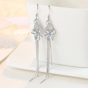 Clover Pink Purple Crystal Zircon Tassel Long Drop Earrings for Women
