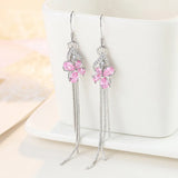 Clover Pink Purple Crystal Zircon Tassel Long Drop Earrings for Women
