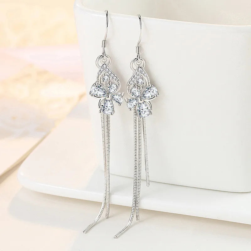 Clover Pink Purple Crystal Zircon Tassel Long Drop Earrings for Women