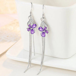 Clover Pink Purple Crystal Zircon Tassel Long Drop Earrings for Women