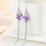 Clover Pink Purple Crystal Zircon Tassel Long Drop Earrings for Women