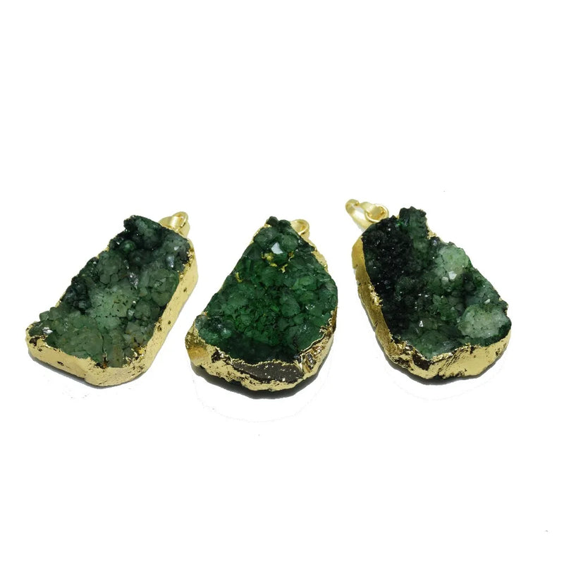 Green Raw Crystal Quartz Druzy Stone Pendant 24k Plating Natural Geode Gem