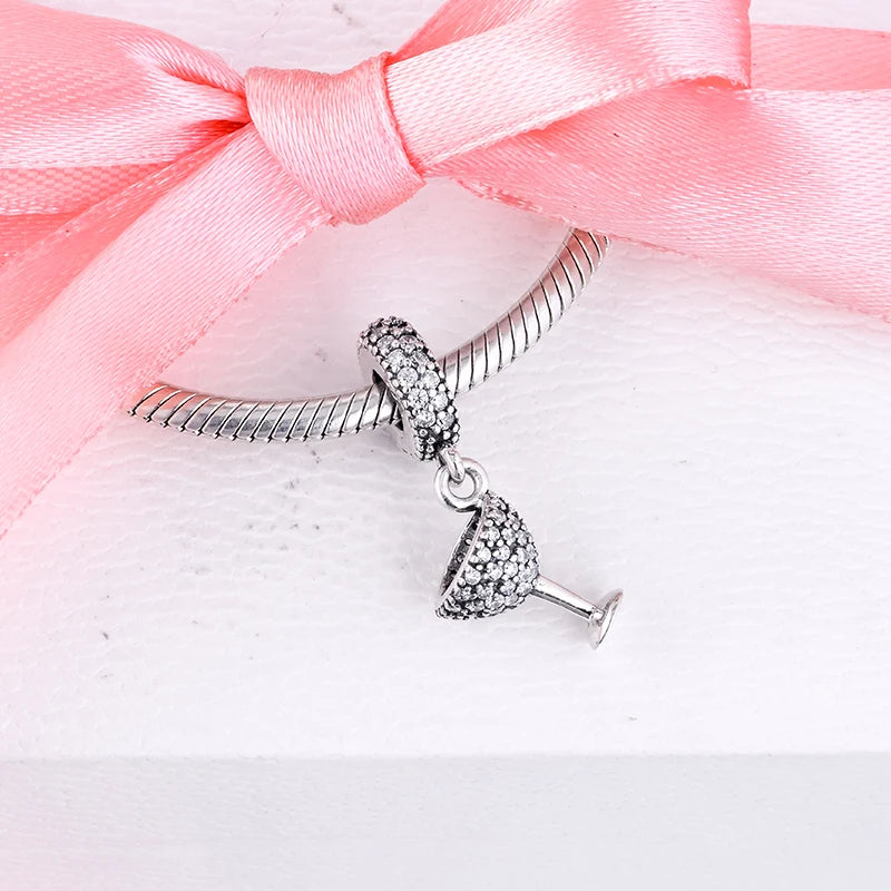 Cocktail Glass Dangle Charm 925 Sterling Silver DIY Women Bracelet Jewelry