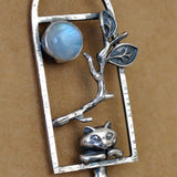 Silver Moonstone Cat Branches Pendant for Jewelry Making