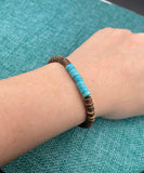Coconut Turquoise Bracelet, Unisex Beaded Bracelet, Wood Elastic Gift