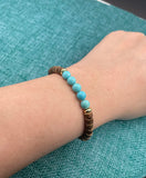 Coconut Turquoise Bracelet, Unisex Beaded Bracelet, Wood Elastic Gift