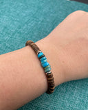 Coconut Turquoise Bracelet, Unisex Beaded Bracelet, Wood Elastic Gift