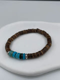 Coconut Turquoise Bracelet, Unisex Beaded Bracelet, Wood Elastic Gift