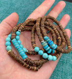 Coconut Turquoise Bracelet, Unisex Beaded Bracelet, Wood Elastic Gift