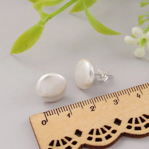 Coeufuedy Silver 925 Pearl Earrings 11-13mm Button Big Pearl Fine Jewelry