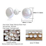 Coeufuedy Silver 925 Pearl Earrings 11-13mm Button Big Pearl Fine Jewelry