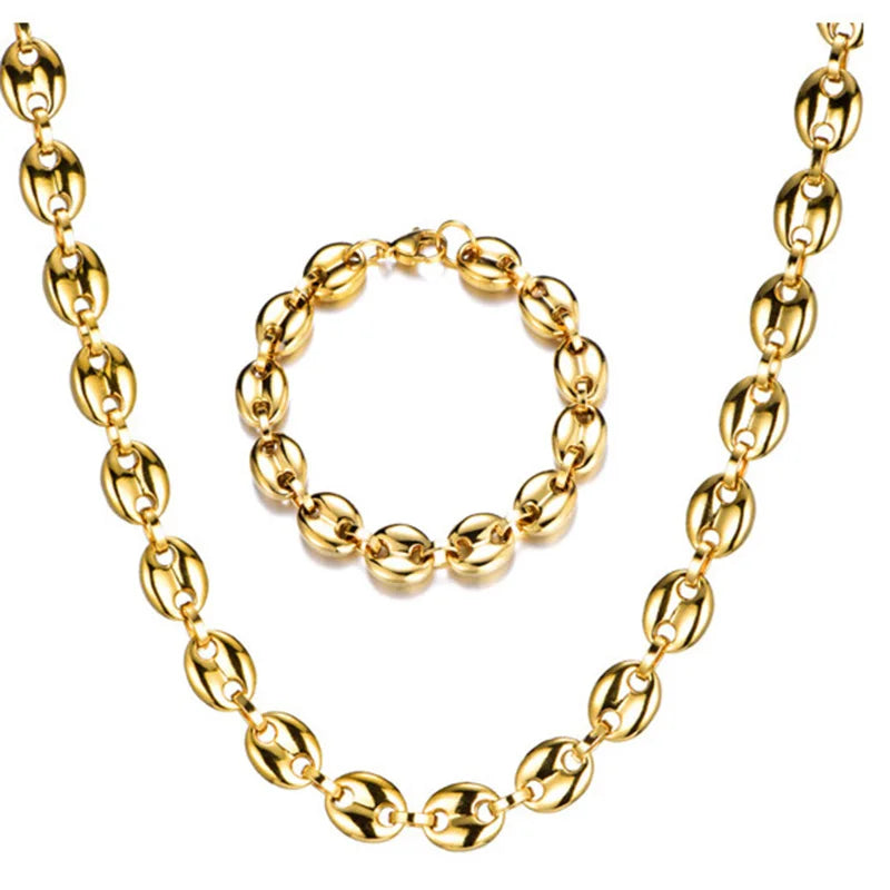 Coffee Bean Chains Necklace Stainless Steel Bracelet Set Hiphop Jewelry