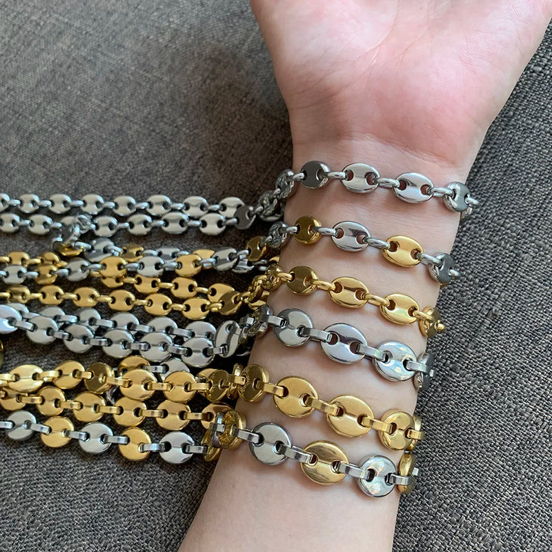 Coffee Bean Necklace Bracelet Stainless Steel Link Chains 8-11MM