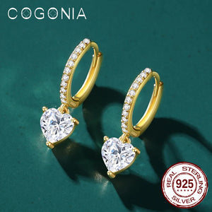 925 Silver Heart Hoop Earrings Zircon 14K Plated Pendant Ear Buckle Women