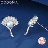 925 Silver Ginkgo Leaf Pearl Stud Earrings Zircon Plated Fine Jewelry