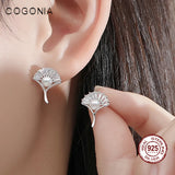 925 Silver Ginkgo Leaf Pearl Stud Earrings Zircon Plated Fine Jewelry