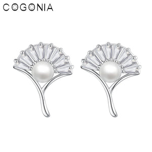 925 Silver Ginkgo Leaf Pearl Stud Earrings Zircon Plated Fine Jewelry