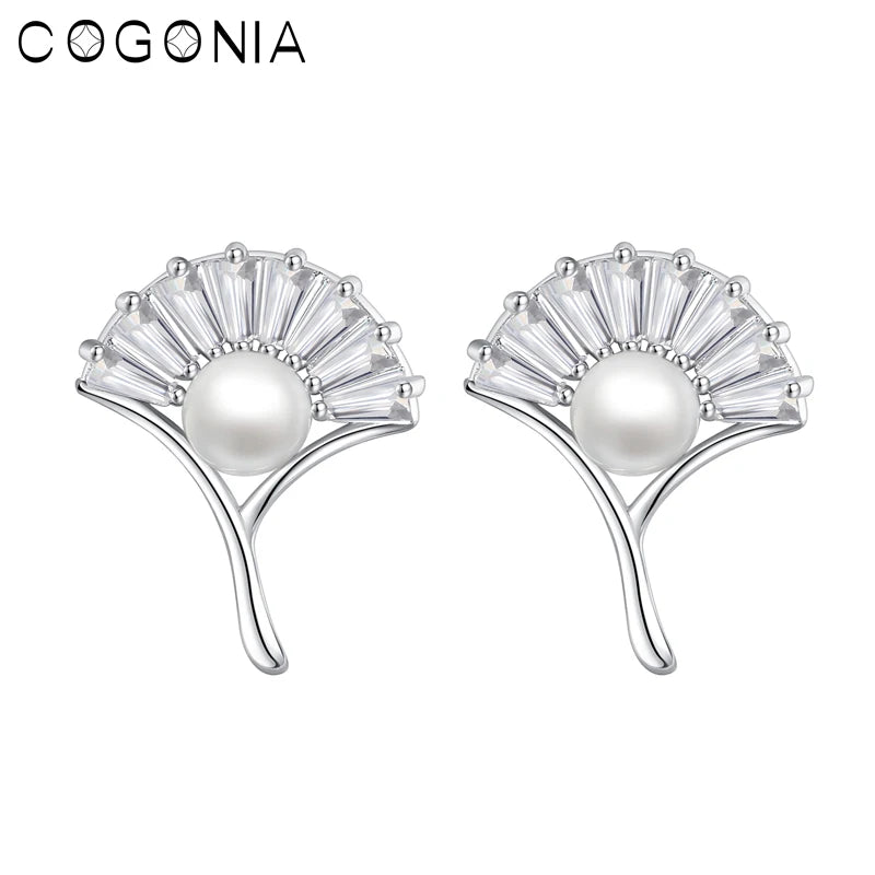 925 Silver Ginkgo Leaf Pearl Stud Earrings Zircon Plated Fine Jewelry