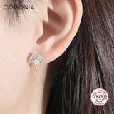 925 Silver Ginkgo Leaf Pearl Stud Earrings Zircon Plated Fine Jewelry