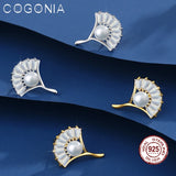 925 Silver Ginkgo Leaf Pearl Stud Earrings Zircon Plated Fine Jewelry