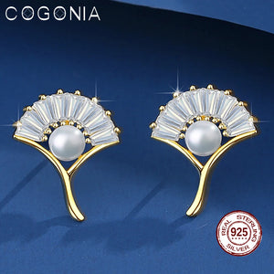 925 Silver Ginkgo Leaf Pearl Stud Earrings Zircon Plated Fine Jewelry