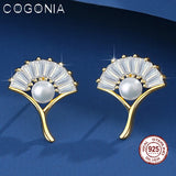 925 Silver Ginkgo Leaf Pearl Stud Earrings Zircon Plated Fine Jewelry