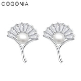 925 Silver Ginkgo Leaf Pearl Stud Earrings Zircon Plated Fine Jewelry