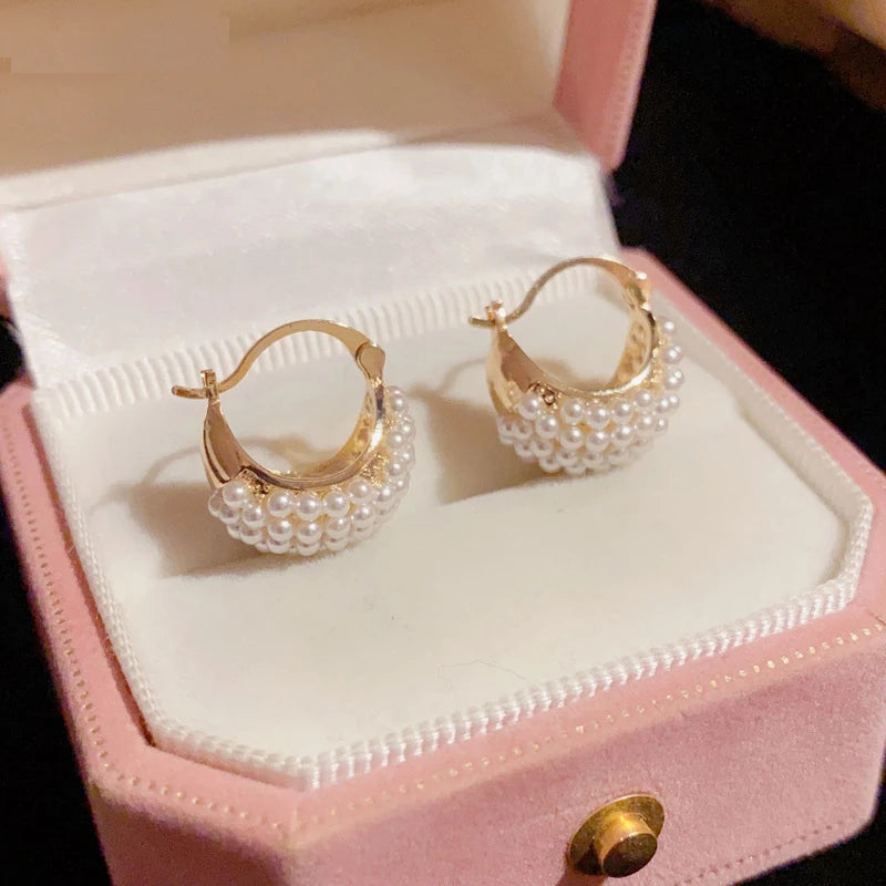 14K Plating Pearl Flower Basket Hoop Earrings For Women Wedding Jewelry