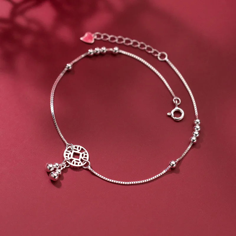 Sterling Silver Coin Anklet with Beads Decoration on Box Chain Bracelet