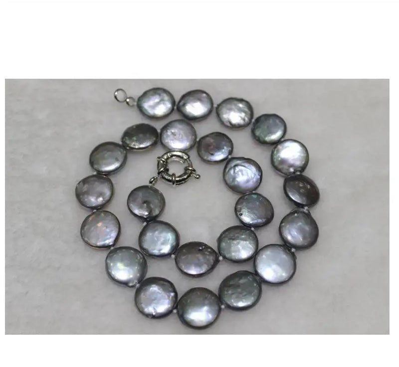 Gray Coin Shape Pearl Necklace 13-15mm 17INCH