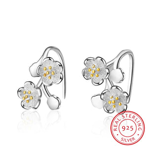 925 Silver Cherry Blossoms Flower Earrings Women Fine Jewelry