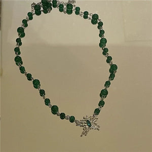 French Vintage Beaded Necklace with Zircon Butterfly Pendant