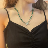 French Vintage Beaded Necklace with Zircon Butterfly Pendant