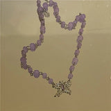 French Vintage Beaded Necklace with Zircon Butterfly Pendant