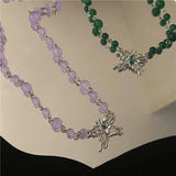 French Vintage Beaded Necklace with Zircon Butterfly Pendant