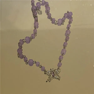 French Vintage Beaded Necklace with Zircon Butterfly Pendant