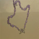 French Vintage Beaded Necklace with Zircon Butterfly Pendant