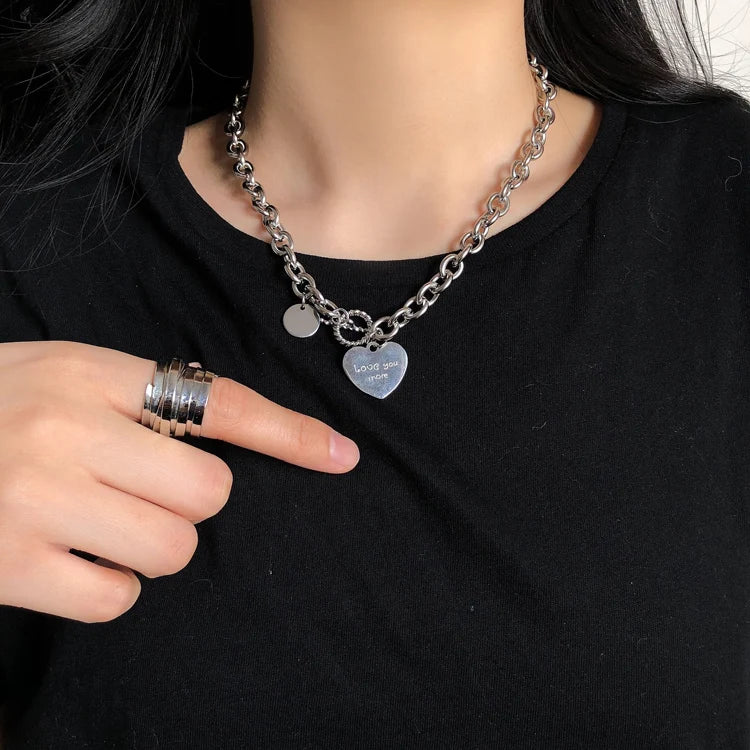 Heart Necklace Women Punk Stainless Steel Chain Hip Hop Letter Chokers Statement