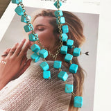 Statement Party Necklace with 10mm Round Square Marble Stones Pendant