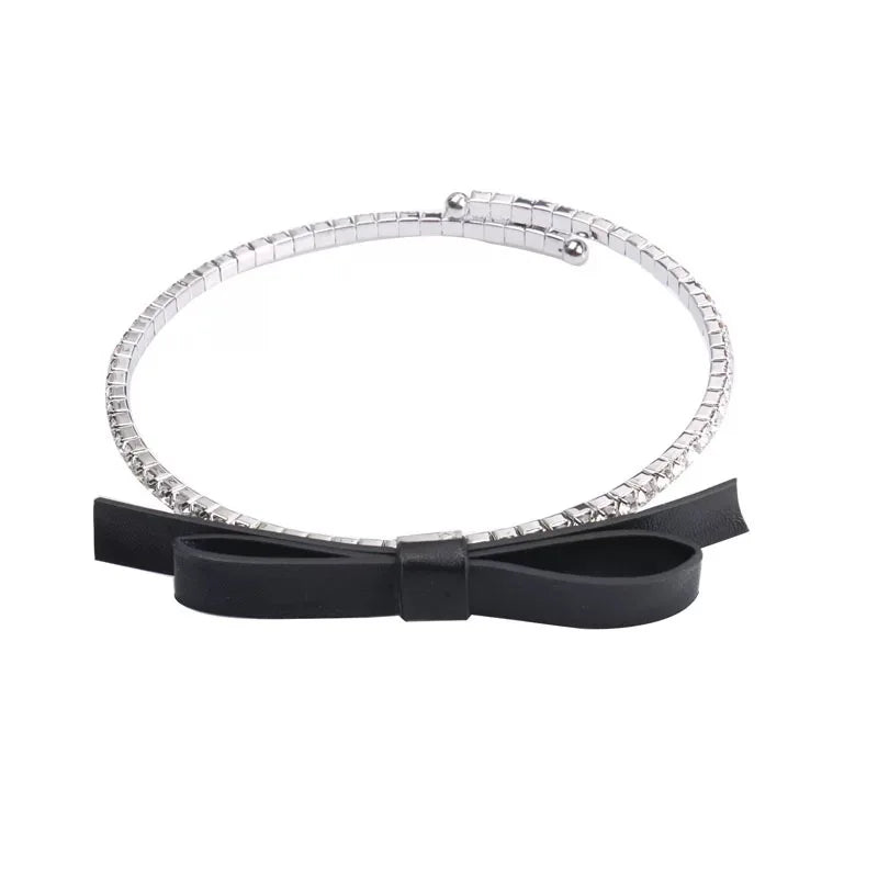 Leather Bow Drill Elastic Neck Circle Necklace