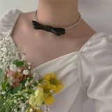 Leather Bow Drill Elastic Neck Circle Necklace