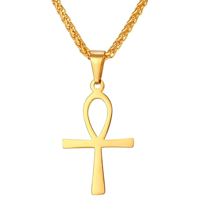Ankh Cross Pendant Egyptian Key of Nile Gold/Black Stainless Steel Necklace