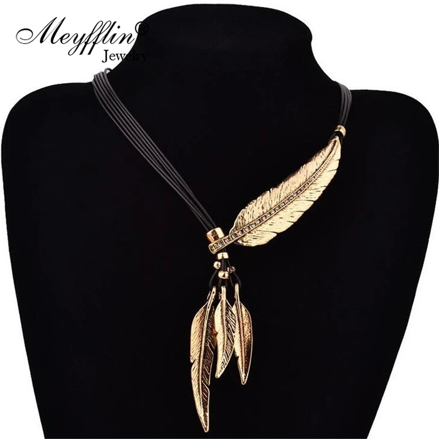 Feather Necklaces & Pendants Rope Leather Vintage Maxi Colar Women Jewelry