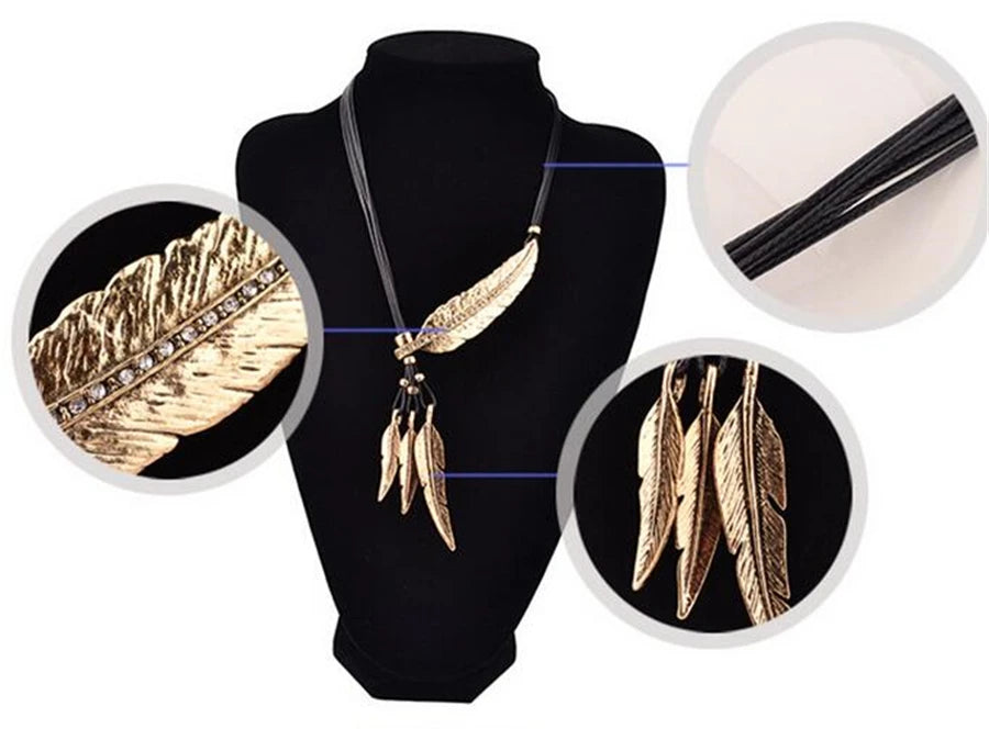 Feather Necklaces & Pendants Rope Leather Vintage Maxi Colar Women Jewelry
