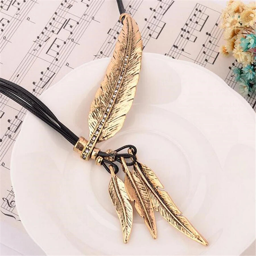 Feather Necklaces & Pendants Rope Leather Vintage Maxi Colar Women Jewelry