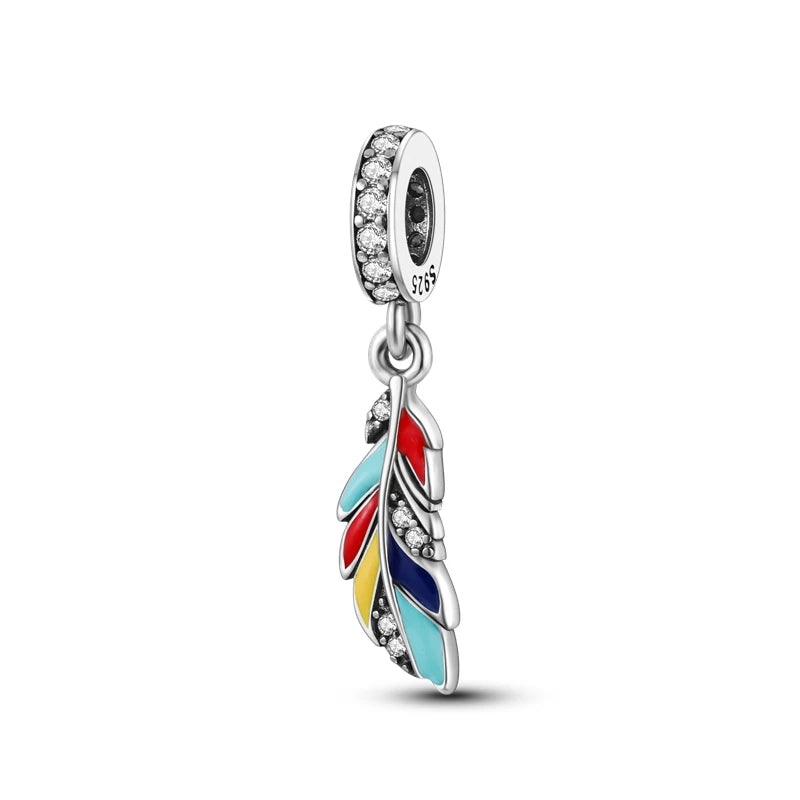 Enamel Single Feather Dangle Charm Pendant for Bracelet Necklace 925 Silver