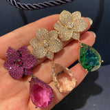 Flowers Water Drop Tassel Earrings Clear Crystal Purple Cubic Zircon