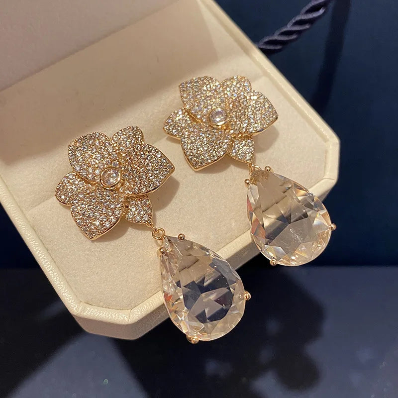 Flowers Water Drop Tassel Earrings Clear Crystal Purple Cubic Zircon