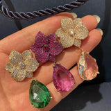 Flowers Water Drop Tassel Earrings Clear Crystal Purple Cubic Zircon