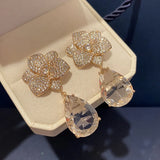 Flowers Water Drop Tassel Earrings Clear Crystal Purple Cubic Zircon